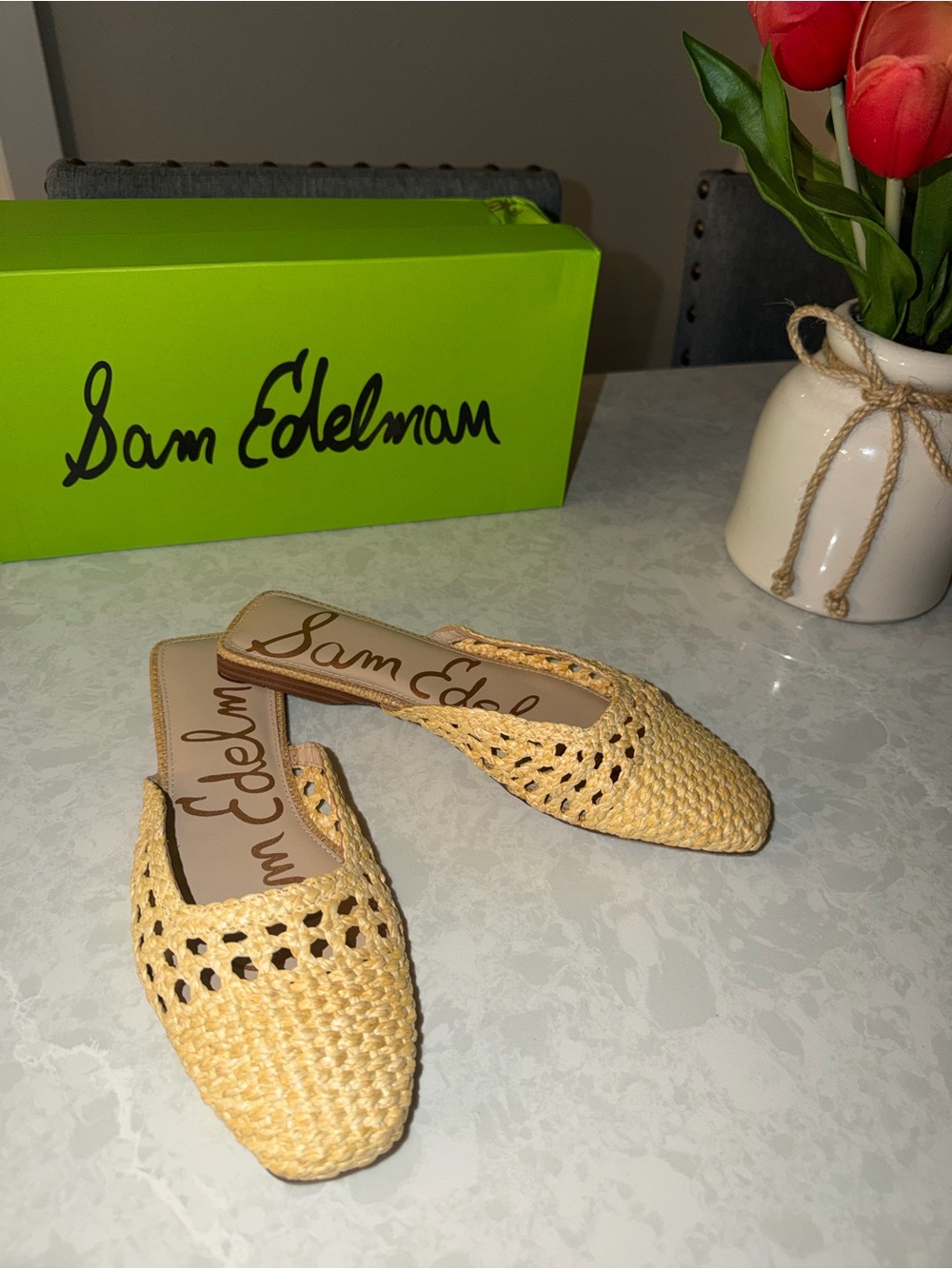 Sam Edelman Woven “Bleach Beechwood Faux Raffia” NOLA Mules ✨